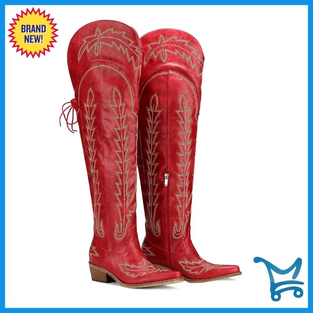 Wide Calf Over Knee Cowboy Boots Lace Up Side Zipper Chunky Heel